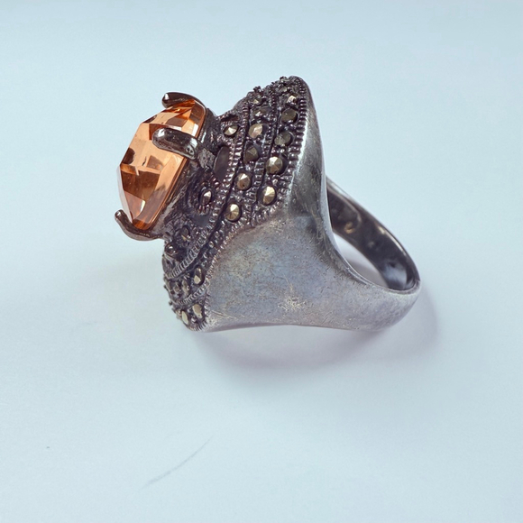 Art Deco Revival 5.5 CT Champagne Orange Quartz & Marcasite Sterling Silver Ring - Picture 3 of 12